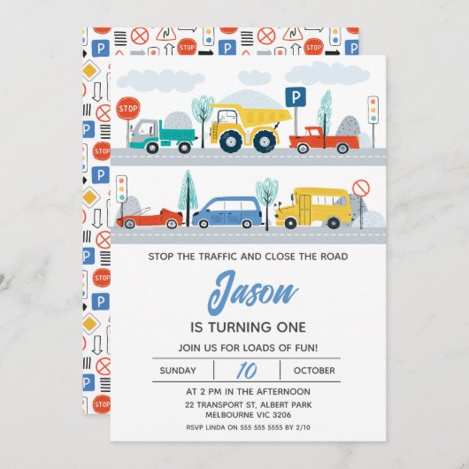 交通ストップ交通カラフル第1の誕生日 招待状 (正面/裏面)