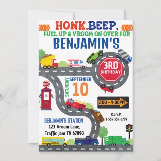 交通テーマ誕生日パーティーの招待 招待状 (正面)