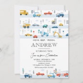 交通トラックと車ボーイ誕生日 招待状 (正面)