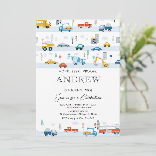 交通トラックと車ボーイ誕生日 招待状 (スタンド正面)