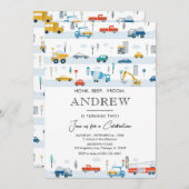 交通トラックと車ボーイ誕生日 招待状 (正面/裏面)