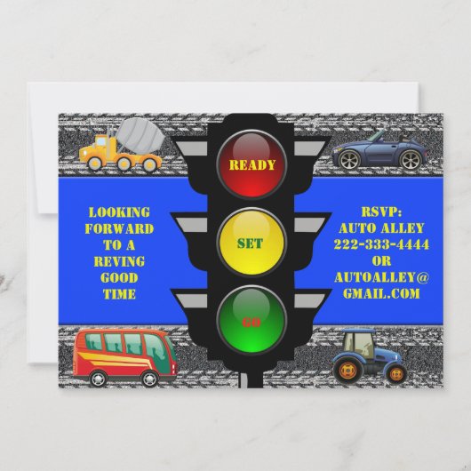 交通レースカーのダンプトラックバストラクターの招待 招待状 (裏面)