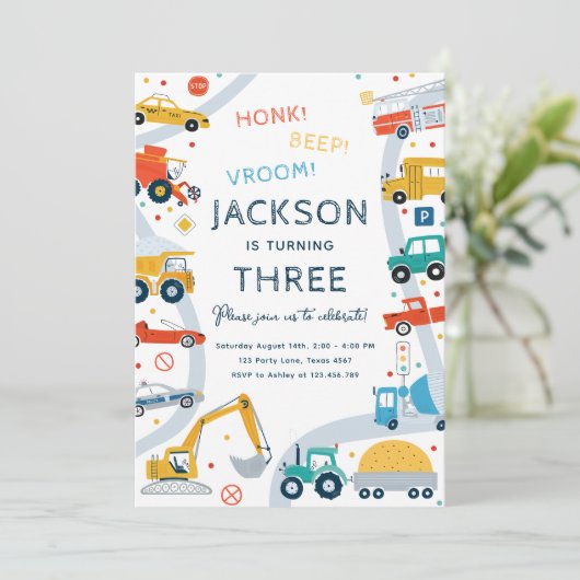 交通市車とトラックボーイ誕生日 招待状 (スタンド正面)