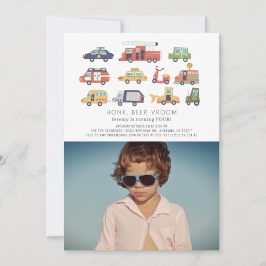 交通市車トラック写真誕生日 招待状 (正面)