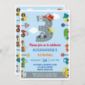 交通機関の3歳誕生日パーティー招待状 招待状 (正面/裏面)