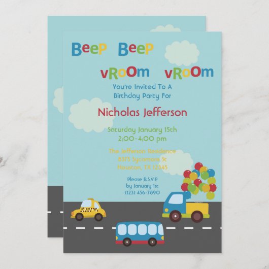 交通機関車5x7の誕生日のパーティの招待状 招待状 (正面/裏面)