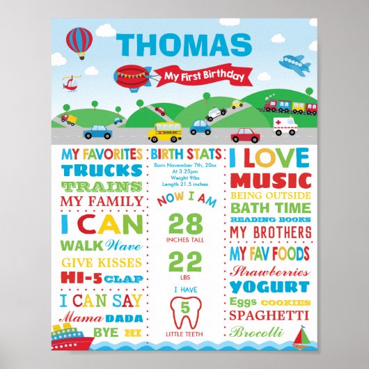 交通1歳誕生日マイルストーン出生統計 ポスター (正面)