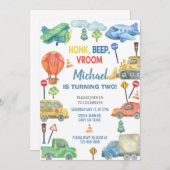 交通、輸送少年の誕生日招待状。 招待状 (正面/裏面)