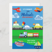 交通、輸送少年の誕生日招待状。 招待状 (正面/裏面)