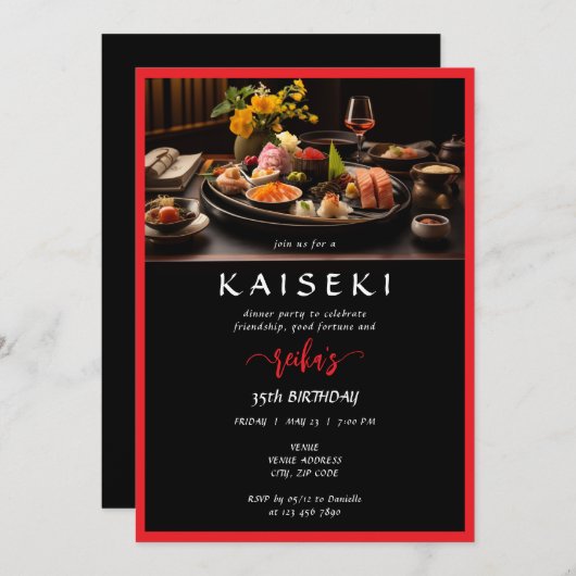 京料理のプライベートシェフが贈る赤い脚本の誕生日会 招待状 (正面/裏面)