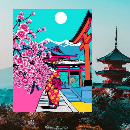 京都、日本 桜の寺院アート旅行 ポストカード