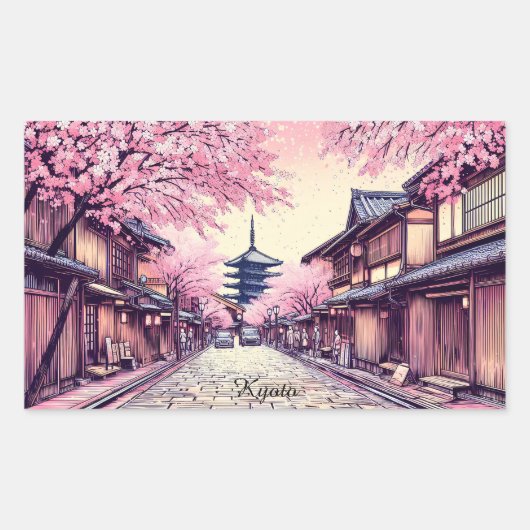 京都 日本 桜の風景 長方形シール (正面)