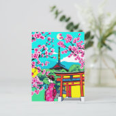 京都、日本 桜 芸者 アート 旅行 ポストカード (スタンド正面)