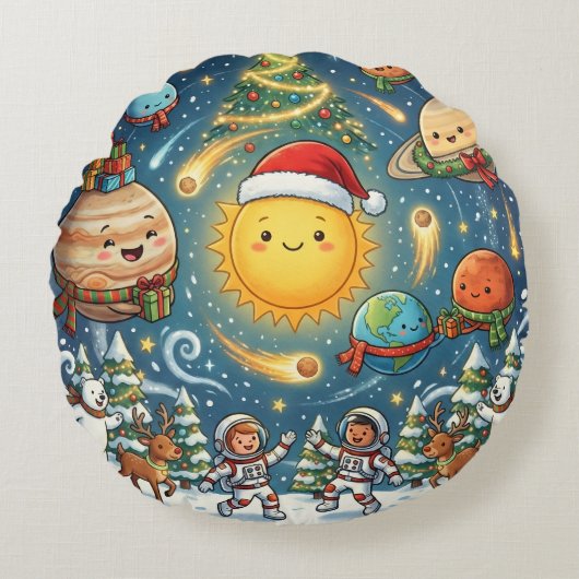 人々が集まる気まぐれな太陽系クリスマスパーティー ラウンドクッション (正面)