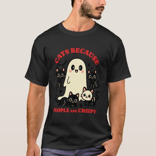 人々はクリーピーだから猫 おかしい幽霊 ハロウィン Tシャツ (正面)