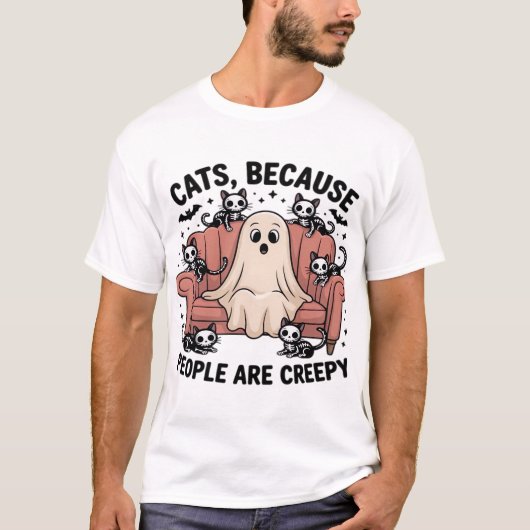 人々はクリーピーだから猫 Funny Ghost ハロウィン Tシャツ (正面)