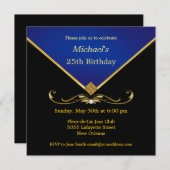 人のエレガントな金ゴールドの青のバースデーパーティ招待状 招待状 (正面/裏面)