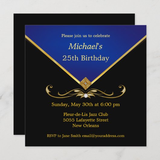 人のエレガントな金ゴールドの青のバースデーパーティ招待状 招待状 (正面/裏面)