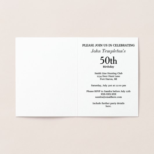 人のホイルのシカの狩りの誕生日の招待状 箔カード (内部)