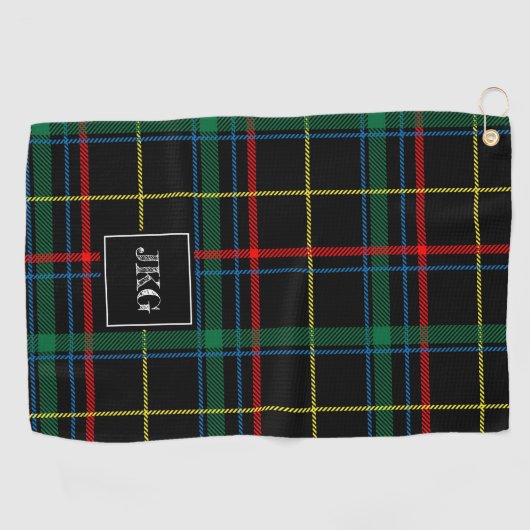人のモノグラムのでモダンで黒い緑の格子縞のタータンチェック ゴルフタオル (横)