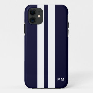人の濃紺の白い競争のストライプなイニシャル iPhone 11 ケース
