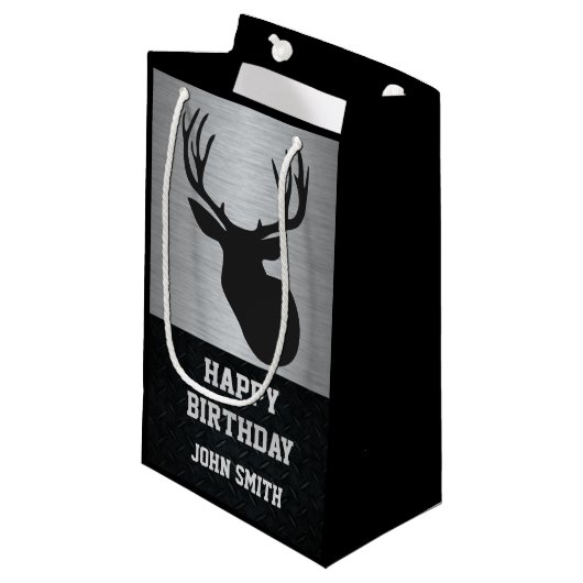 人の狩りのテーマのシカの誕生日のギフトバッグ スモールペーパーバッグ (正面アングル)