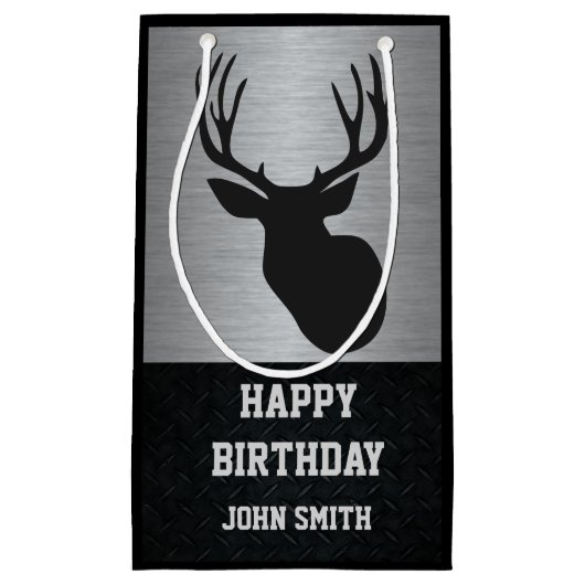 人の狩りのテーマのシカの誕生日のギフトバッグ スモールペーパーバッグ (正面)