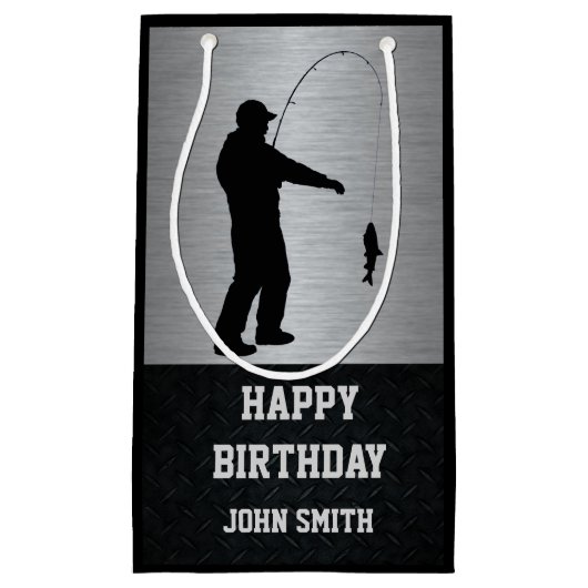 人の魚釣りのテーマのハッピーバースデーのギフトバッグ スモールペーパーバッグ (正面)