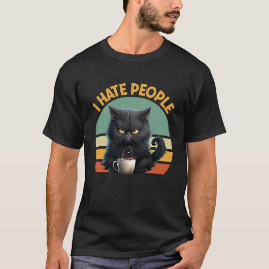 人を嫌う内向的な早起きのコーヒー猫 Tシャツ (正面)