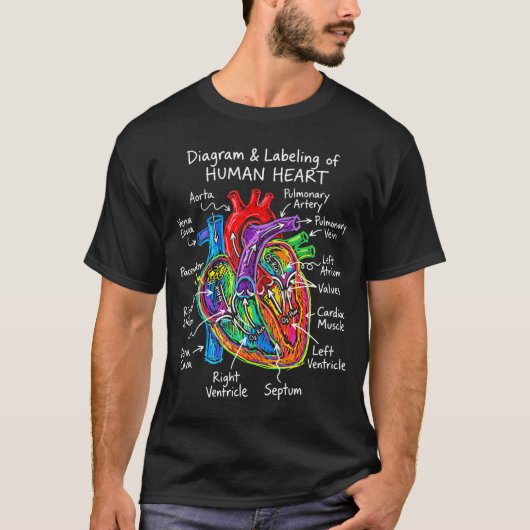 人体心臓解剖図ラベリング生物学 Tシャツ (正面)