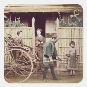 人力車の女性、c.1890s (着色された写真) スクエアシール