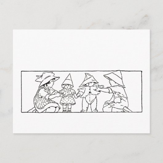 人形と熊のヴィンテージアートを持つ少年 ポストカード (正面)