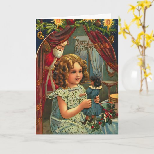人形のメッセージを持つヴィンテージのカスタムクリスマスガール カード (黄色い花)
