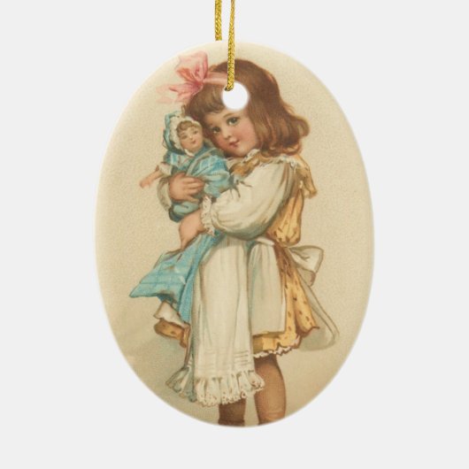 人形を持つヴィンテージのクリスマスの挨拶の女の子 セラミックオーナメント (裏面)