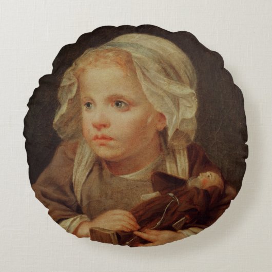 人形を持つ女の子 ラウンドクッション (正面)