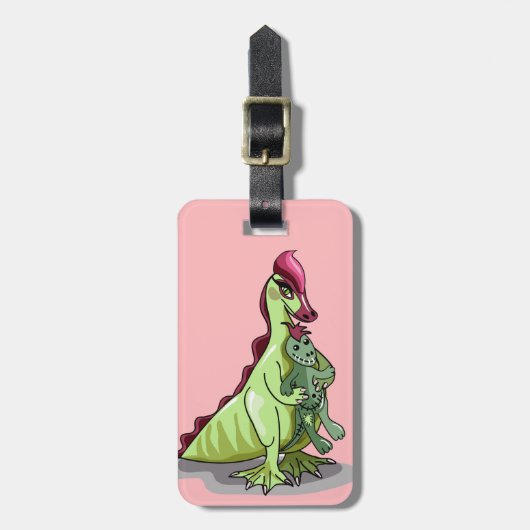 人形を持つ女性のハドロサウルス。 ラゲッジタグ (正面縦)
