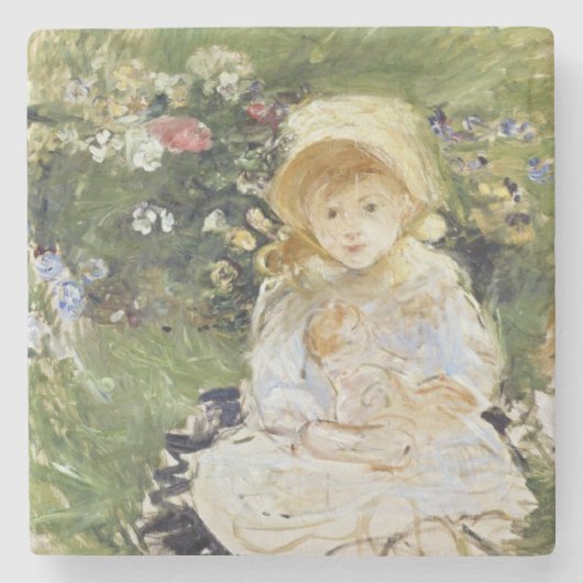 人形を持つ若い女の子(Berthe Morisot) ストーンコースター (正面)
