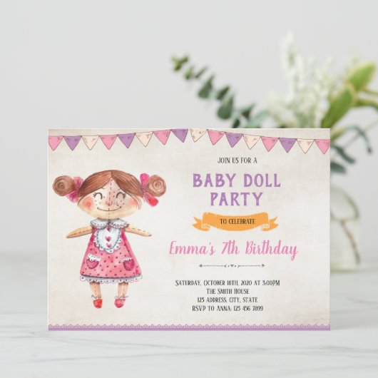 人形テーマ誕生日の招待 招待状 (スタンド正面)