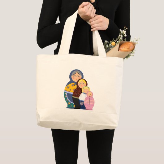 人形ロシアのマトリョシュカライフステージカラフルかわいい ラージトートバッグ (正面(商品))