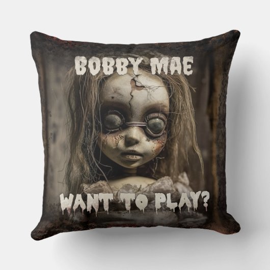 人形80年代幽霊のよく出るホラー映画の悪魔が憑依 クッション (裏面)