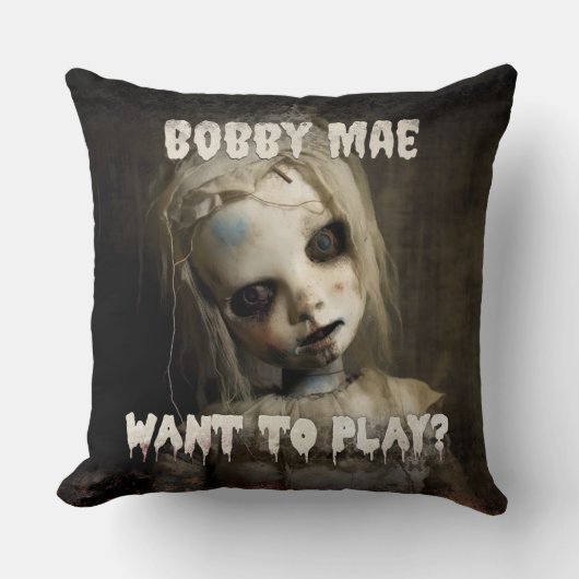 人形80年代幽霊のよく出るホラー映画の悪魔が憑依 クッション (正面)