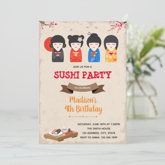 人日本の形と寿司の誕生日招待状 招待状 (スタンド正面)