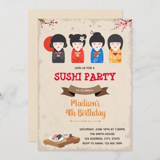 人日本の形と寿司の誕生日招待状 招待状 (正面/裏面)