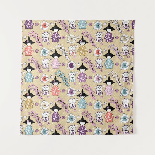 人日本の形 – こけしと招き猫 タペストリー (正面)