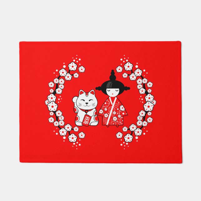 人日本の形 – こけしと招き猫 ドアマット (正面)