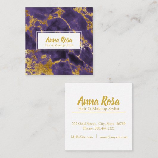 人気があるな*~*のシックな金ゴールドの紫色の大理石のガーリーな化粧 スクエア名刺 (正面/裏面)