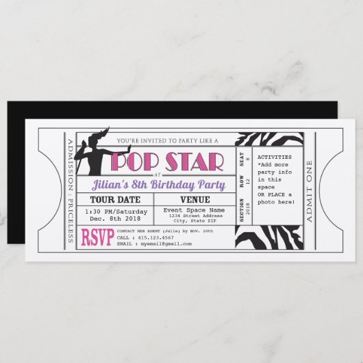 人気歌手の女の子のヴィンテージのチケットの誕生日の招待 招待状 (正面/裏面)