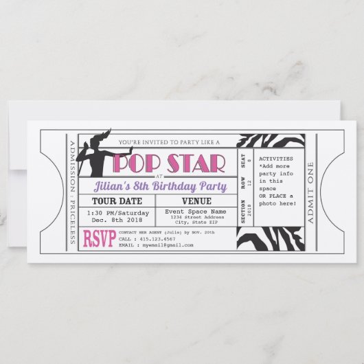 人気歌手の女の子のヴィンテージのチケットの誕生日の招待 招待状 (正面)