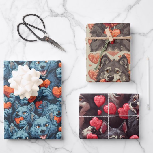 人狼とキャンディがバレンタインデーを温める ラッピングペーパーシート (正面)