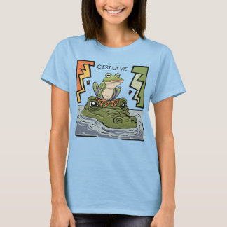 人生おもしろいのワニの鼻に座るカエル Tシャツ
